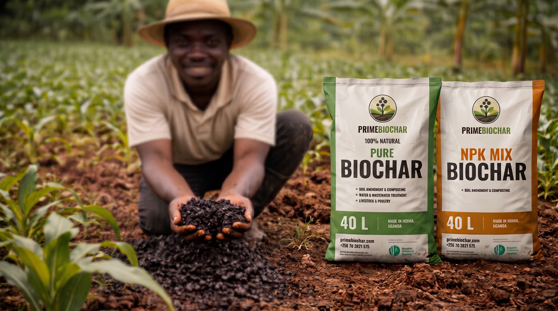 Hands holding biochar over fertile soil in Uganda