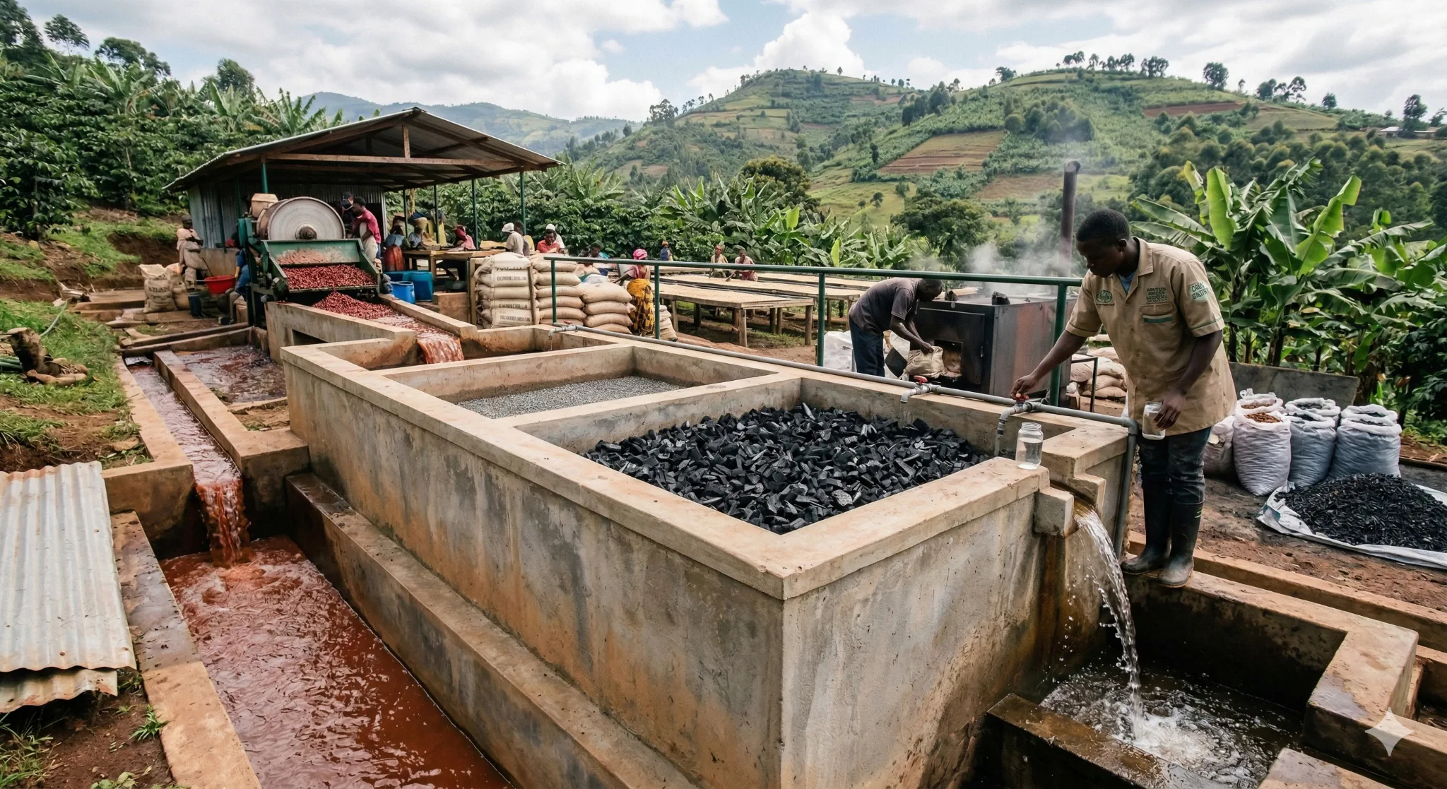 Coffee washing station processing tanks