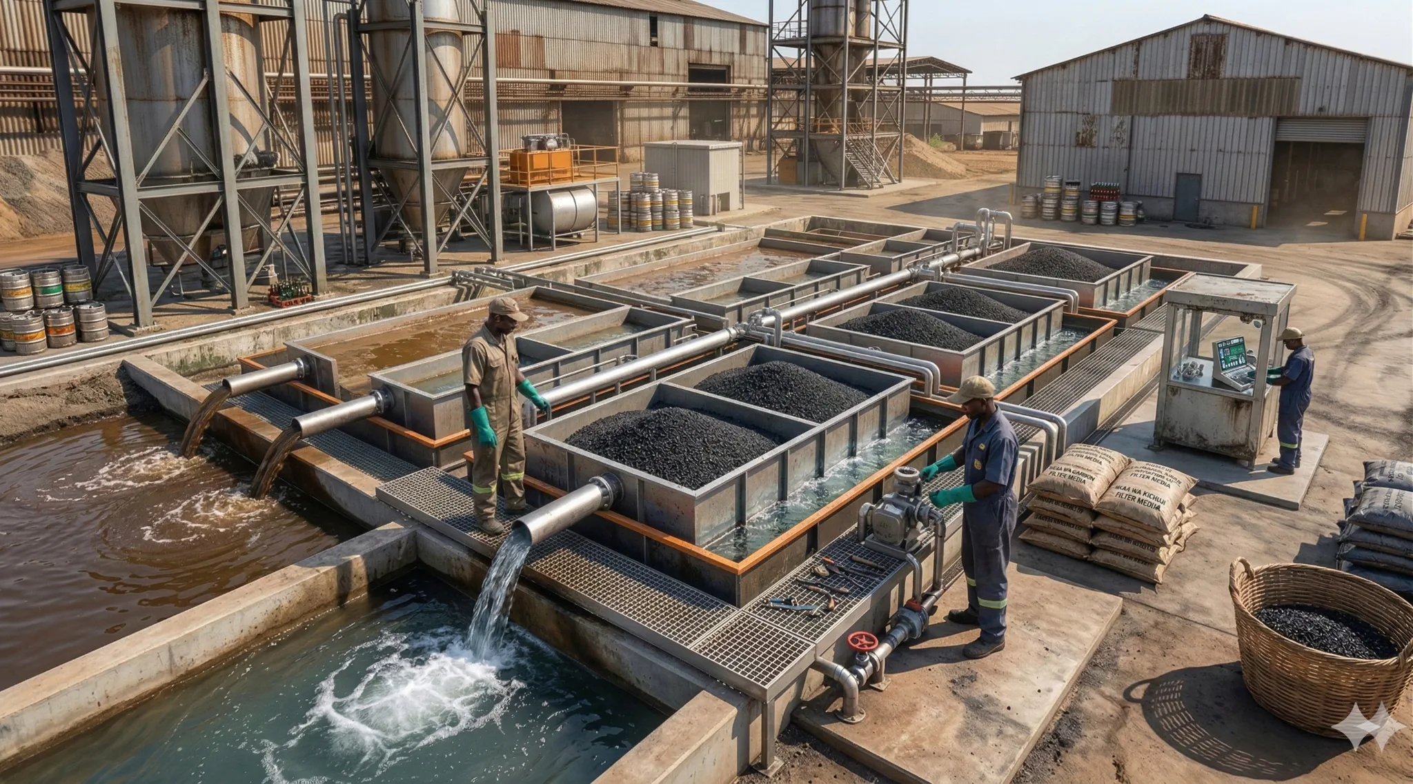 Industrial filtration tanks at sunset