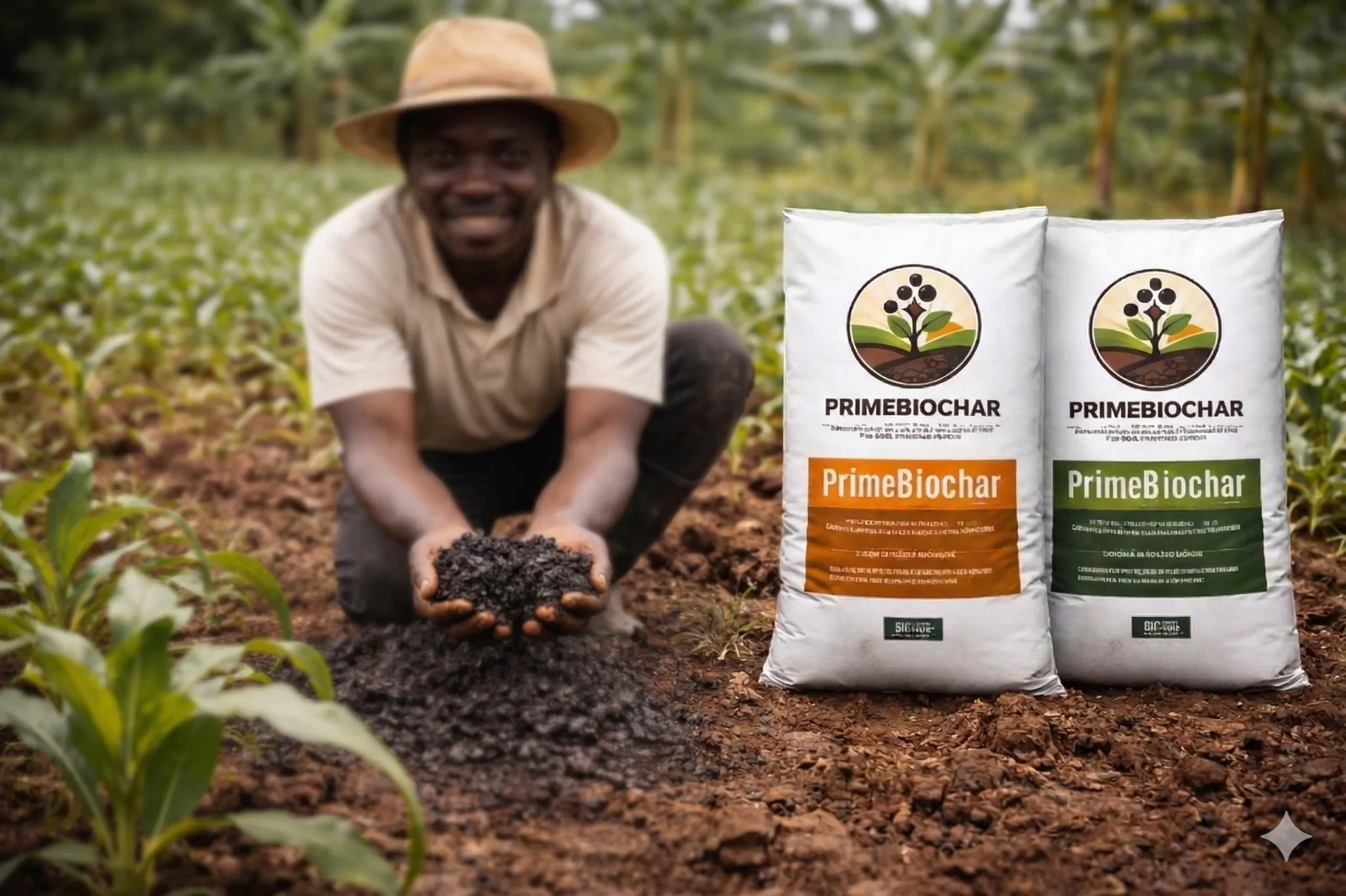Hands holding biochar over fertile soil in Uganda