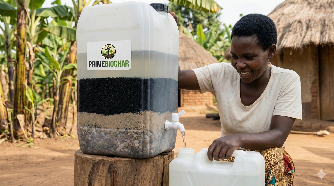 Water filtering through biochar in a glass